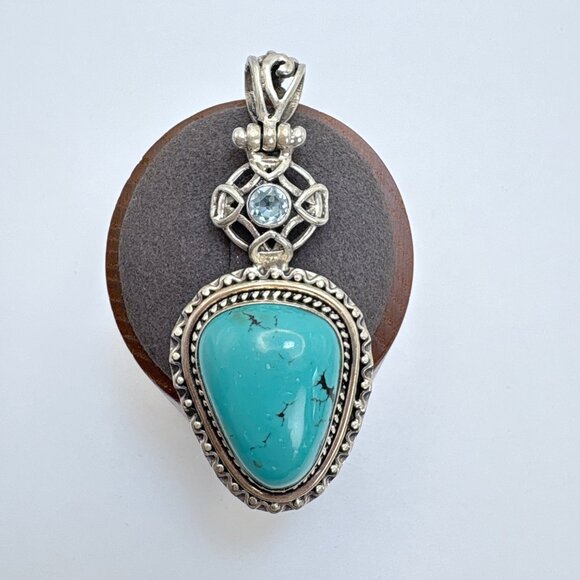 VTG Sterling Silver 925 Turquoise & Blue Topaz Pendant Size 2.5" Length - Picture 1 of 11